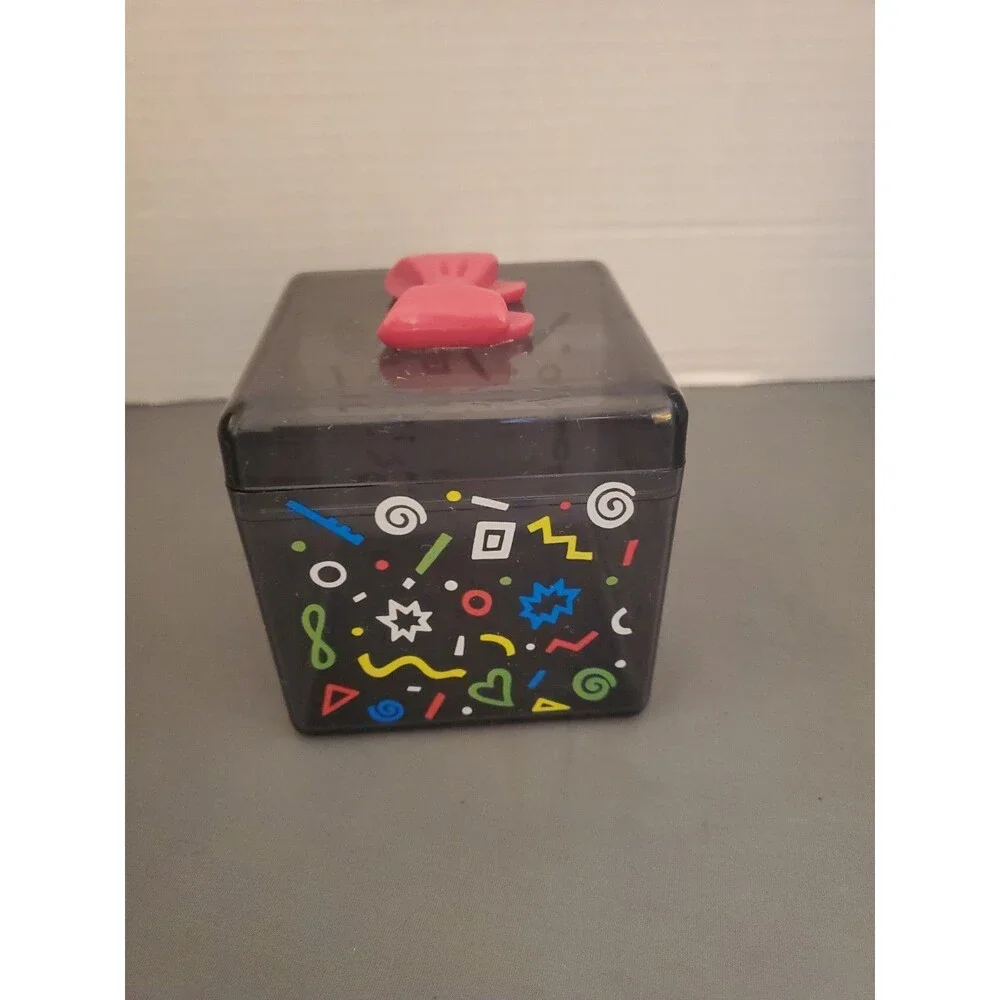Vintage 90’s Sanrio Cat Clear Black Plastic Trinket Box With Pink Bow On Top